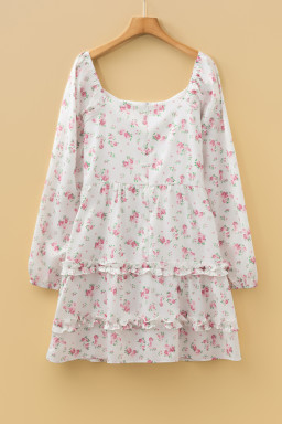 Pink Floral Print Long Sleeve Ruffle Detail Flared Mini Dress