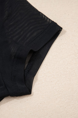 Black Sheer Mesh Patchwork Cap Sleeve T Shirt