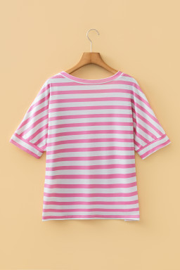 Pink Stripe V Neck Patched Pocket Casual T Shirt