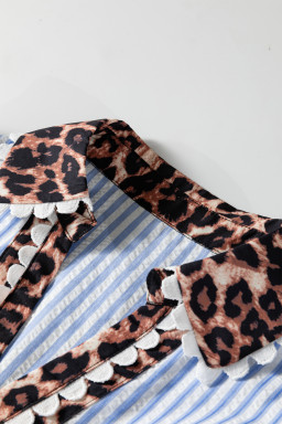 Sky Blue Stripe Ricrac Trim Short Puff Sleeve Leopard Patchwork Collar V Neck Blouse