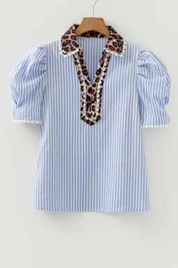 Sky Blue Stripe Ricrac Trim Short Puff Sleeve Leopard Patchwork Collar V Neck Blouse