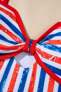 Red July 4th Stripes Star Floral Impression Cutout Spaghetti Straps One Piece Swimsuit