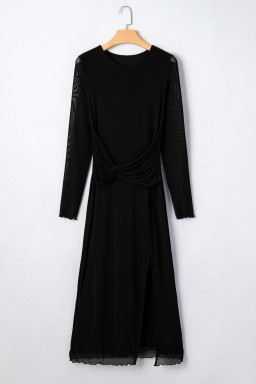Black Sheer Mesh Long Sleeve Twisted Knot Side Slit Midi Dress