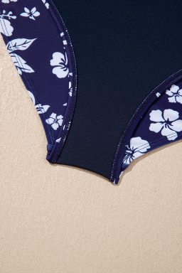 Blue Crossed Back Floral Print Asymmetric Knot Side One Piece Swimsuit