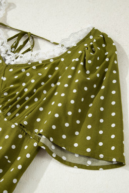 Green Polka Dot Print Lacy Neckline Smocked High Waist Maxi Dress