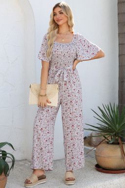 White Smocked Short Sleeve Wide Leg Floral Print Jumpsuit