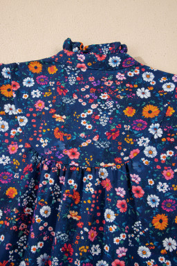 Blue Wild Daisy Floral Split Neck Short Puff Sleeve Mini Dress