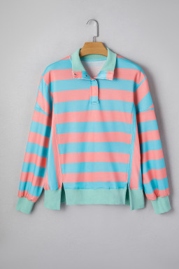 Pink Stripe Colorblock Drop Shoulder Buttoned Collar Side Slit Pullover Top