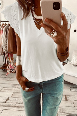 White Eyelet Embroidered Flutter Sleeve Patchwork V Neck Tee