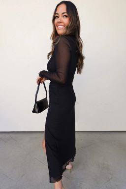 Black Sheer Mesh Long Sleeve Twisted Knot Side Slit Midi Dress