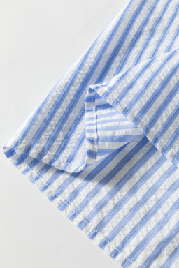 Sky Blue Stripe Ricrac Trim Short Puff Sleeve Leopard Patchwork Collar V Neck Blouse