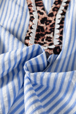 Sky Blue Stripe Ricrac Trim Short Puff Sleeve Leopard Patchwork Collar V Neck Blouse