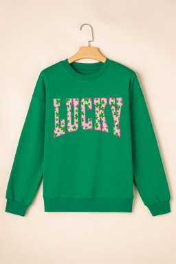 Dark Green LUCKY Clover Letter Printed Loose Pullover Sweatshirt