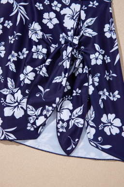 Blue Crossed Back Floral Print Asymmetric Knot Side One Piece Swimsuit