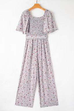 White Smocked Short Sleeve Wide Leg Floral Print Jumpsuit
