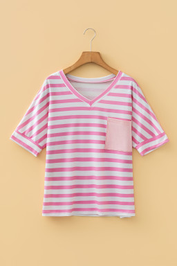 Pink Stripe V Neck Patched Pocket Casual T Shirt