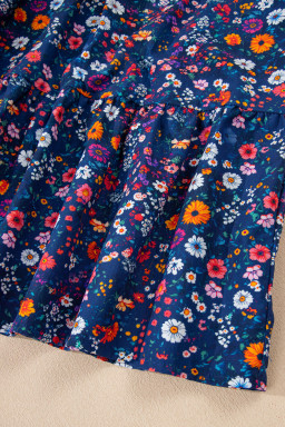 Blue Wild Daisy Floral Split Neck Short Puff Sleeve Mini Dress