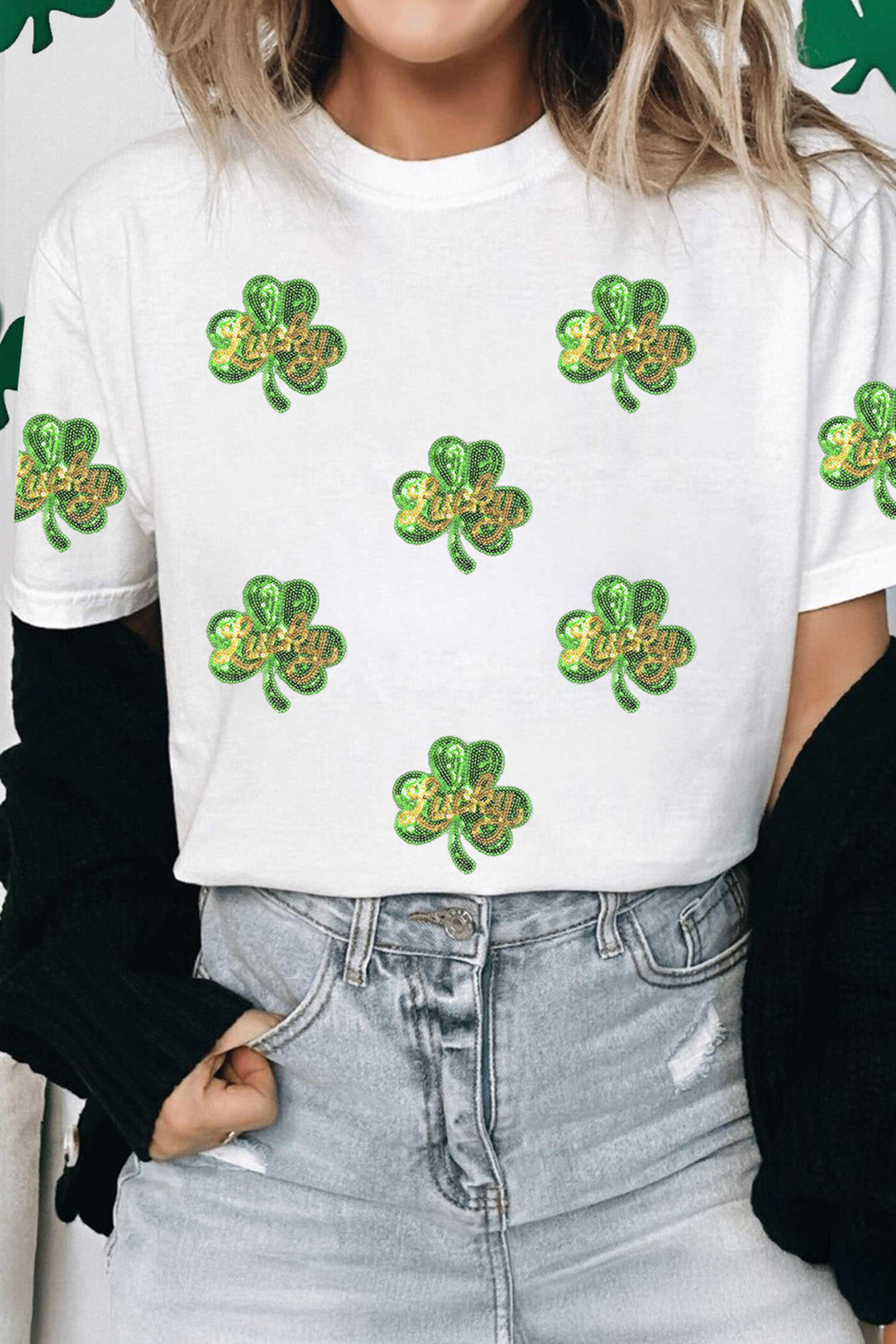 White Sequin Lucky Clover Patched Casual Round Neck Tee
