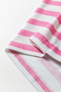 Pink Stripe V Neck Patched Pocket Casual T Shirt