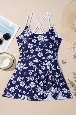 Blue Crossed Back Floral Print Asymmetric Knot Side One Piece Swimsuit