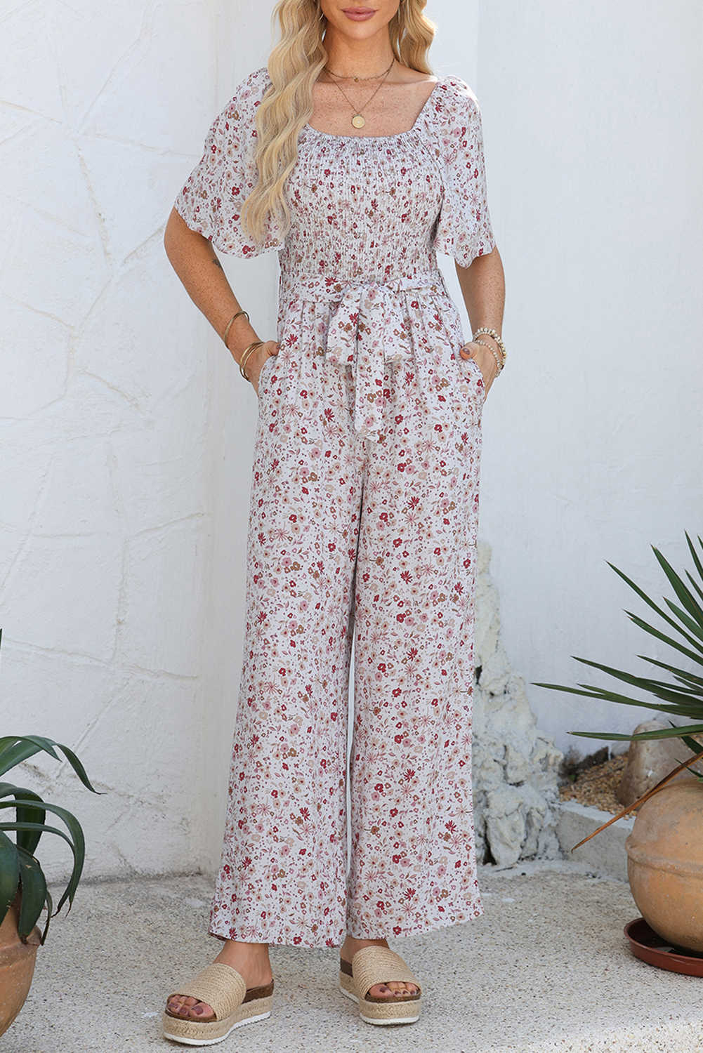 White Smocked Short Sleeve Wide Leg Floral Print Jumpsuit