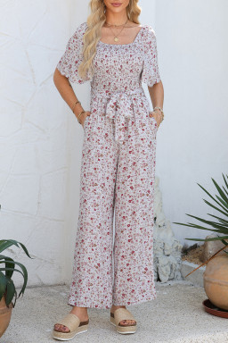 White Smocked Short Sleeve Wide Leg Floral Print Jumpsuit