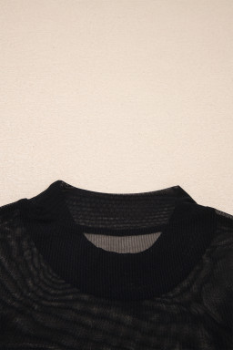 Black Sheer Mesh Patchwork Cap Sleeve T Shirt