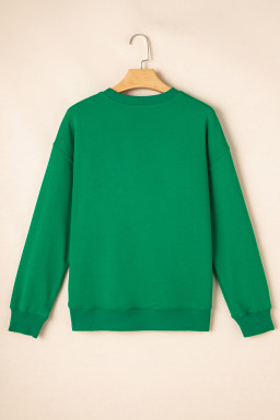 Dark Green LUCKY Clover Letter Printed Loose Pullover Sweatshirt