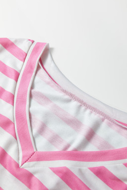 Pink Stripe V Neck Patched Pocket Casual T Shirt