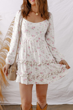 Pink Floral Print Long Sleeve Ruffle Detail Flared Mini Dress