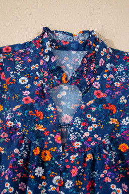 Blue Wild Daisy Floral Split Neck Short Puff Sleeve Mini Dress
