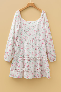 Pink Floral Print Long Sleeve Ruffle Detail Flared Mini Dress