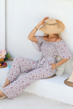 White Smocked Short Sleeve Wide Leg Floral Print Jumpsuit