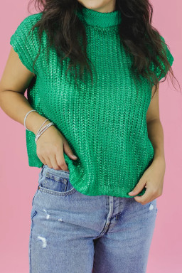 Bright Green Solid Color Knit High Neck Short Sleeve Sweater