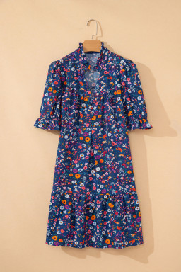 Blue Wild Daisy Floral Split Neck Short Puff Sleeve Mini Dress