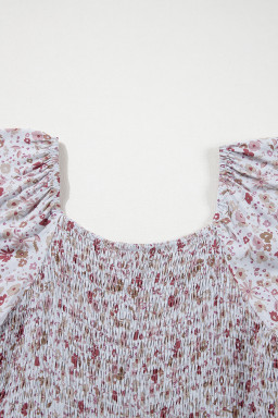 White Smocked Short Sleeve Wide Leg Floral Print Jumpsuit