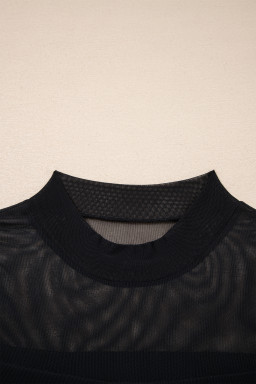 Black Sheer Mesh Patchwork Cap Sleeve T Shirt