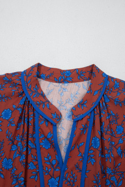 Brown 3/4 Puff Sleeve Tiered Loose Floral Dress