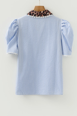 Sky Blue Stripe Ricrac Trim Short Puff Sleeve Leopard Patchwork Collar V Neck Blouse