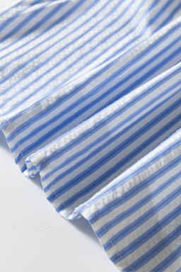 Sky Blue Stripe Ricrac Trim Short Puff Sleeve Leopard Patchwork Collar V Neck Blouse