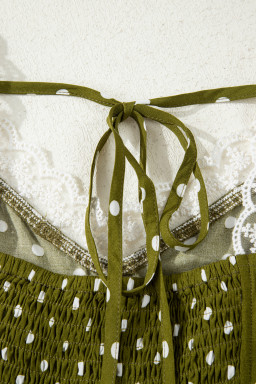 Green Polka Dot Print Lacy Neckline Smocked High Waist Maxi Dress