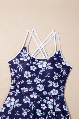 Blue Crossed Back Floral Print Asymmetric Knot Side One Piece Swimsuit
