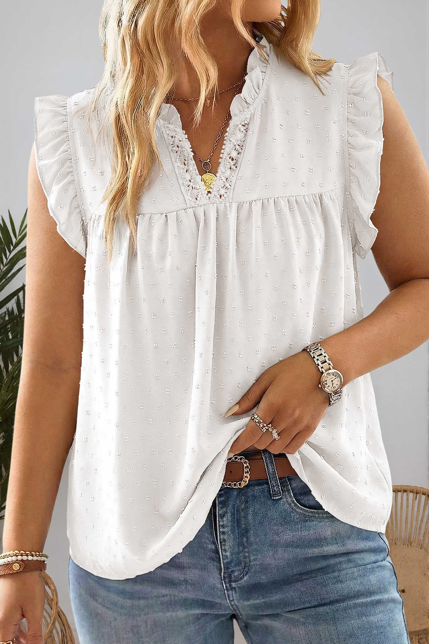 White Plus Size Swiss Dot Ruffle Lace Trim V Neck Tank Top
