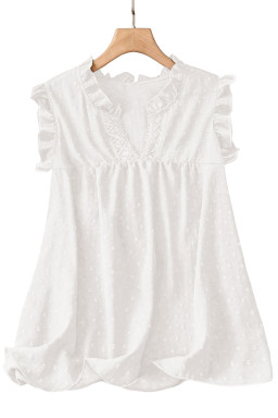 White Plus Size Swiss Dot Ruffle Lace Trim V Neck Tank Top