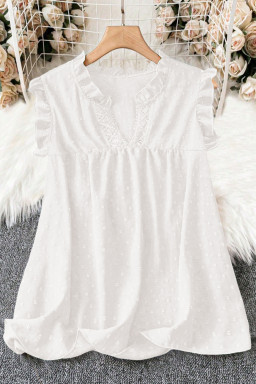 White Plus Size Swiss Dot Ruffle Lace Trim V Neck Tank Top