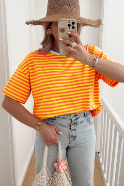 Orange Stripe Contrast Crew Neck Drop Shoulder Loose Tee