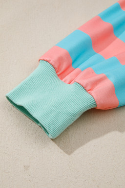 Pink Stripe Colorblock Drop Shoulder Buttoned Collar Side Slit Pullover Top