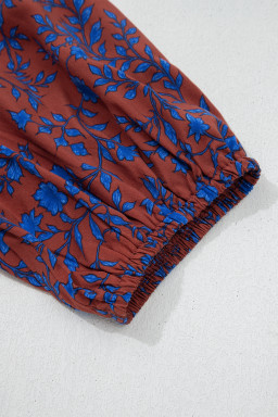 Brown 3/4 Puff Sleeve Tiered Loose Floral Dress