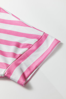 Pink Stripe V Neck Patched Pocket Casual T Shirt