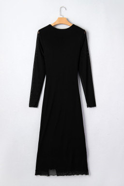 Black Sheer Mesh Long Sleeve Twisted Knot Side Slit Midi Dress